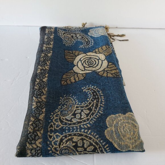JACQUARD PASHMINA SCARF 26 '' W X 70'' L--NWOT- BLUE /GOLD FLORAL DESIGN - Picture 2 of 3